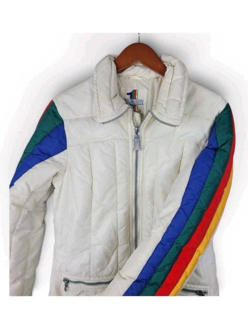 Vintage Ski Jacket Puffer Small Medium Snow Coat Rainbow Sleeve USA 70s Winter